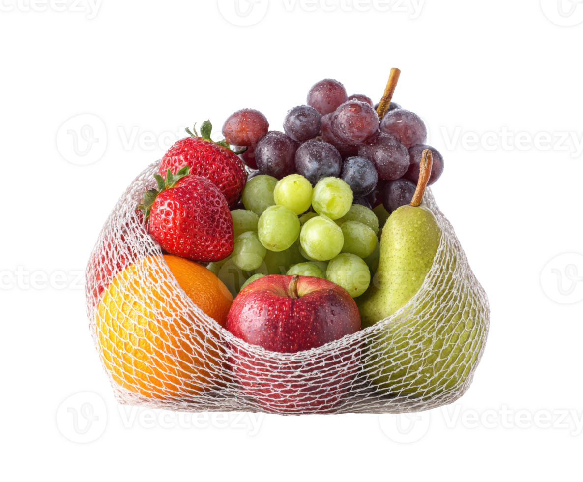 Fresh fruit assortment in a mesh bag for healthy snacks and meals png