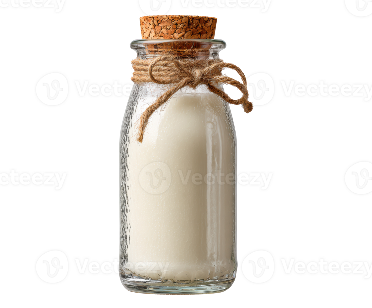Fresh milk in a rustic glass bottle with cork top for culinary use png