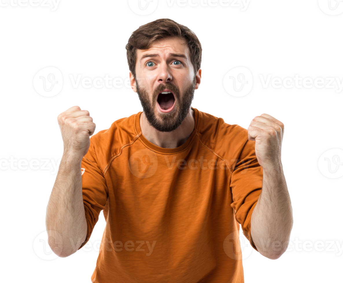 Joyful man celebrates victory with raised fists png
