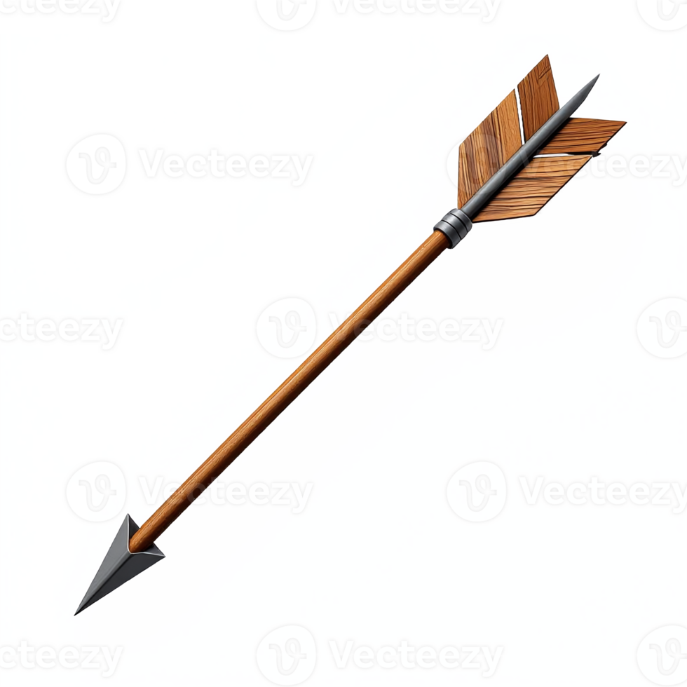 Archery Targeting Arrow with Wooden Fletching and Metal Tip on Transparent Background png