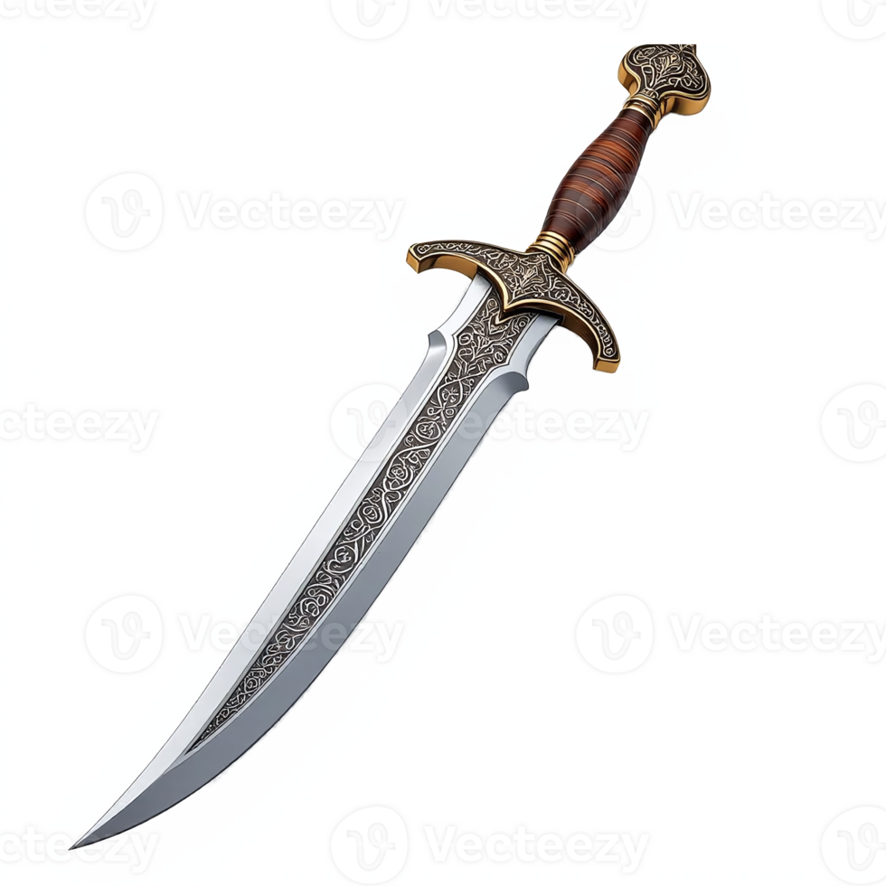 Decorative ornate dagger with engraved blade and detailed hilt on transparent background png