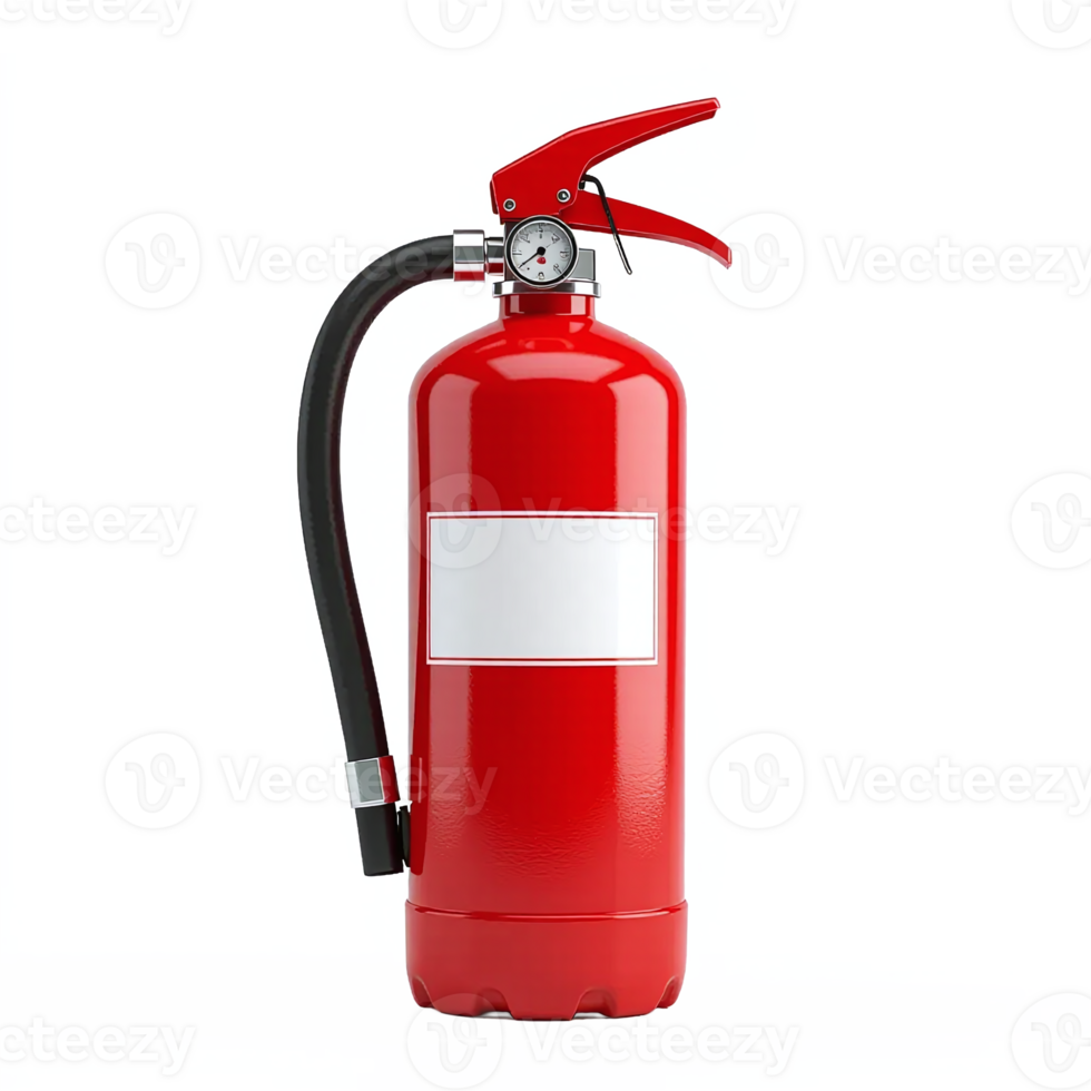 Red fire extinguisher with black hose and pressure gauge in transparent background png