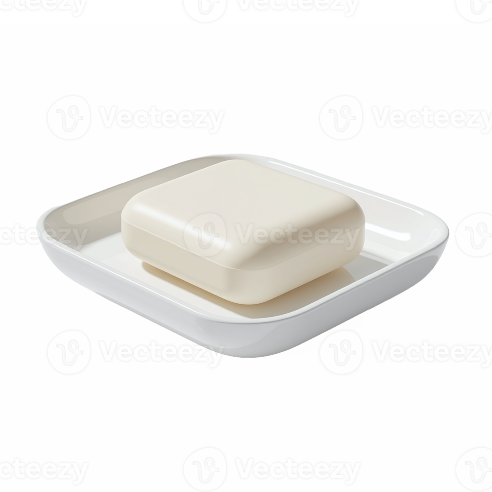 Square bar soap on a white ceramic soap dish with transparent background png
