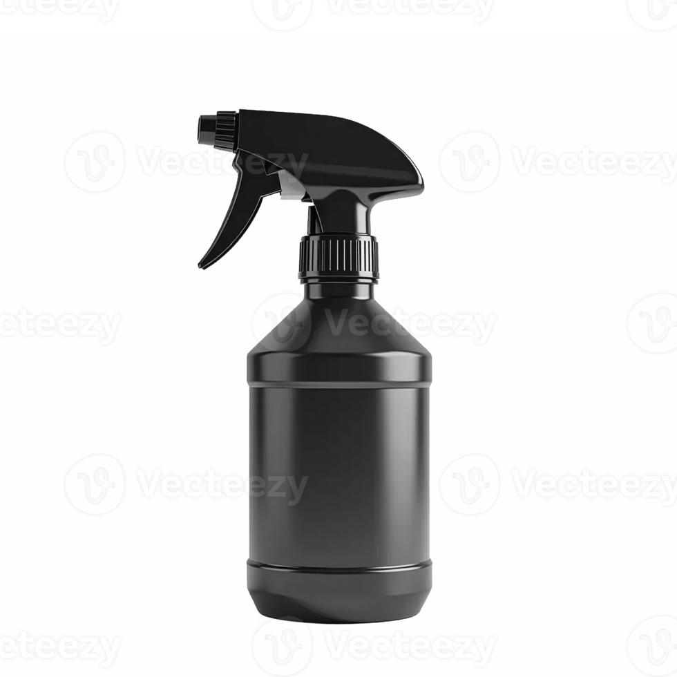 Black Plastic Spray Bottle with Trigger Nozzle Front View No Background Clipping Path png
