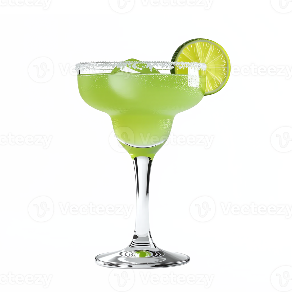 Green Lime Margarita Glass with Salt Rim and Lemon Slice on Transparent Background png