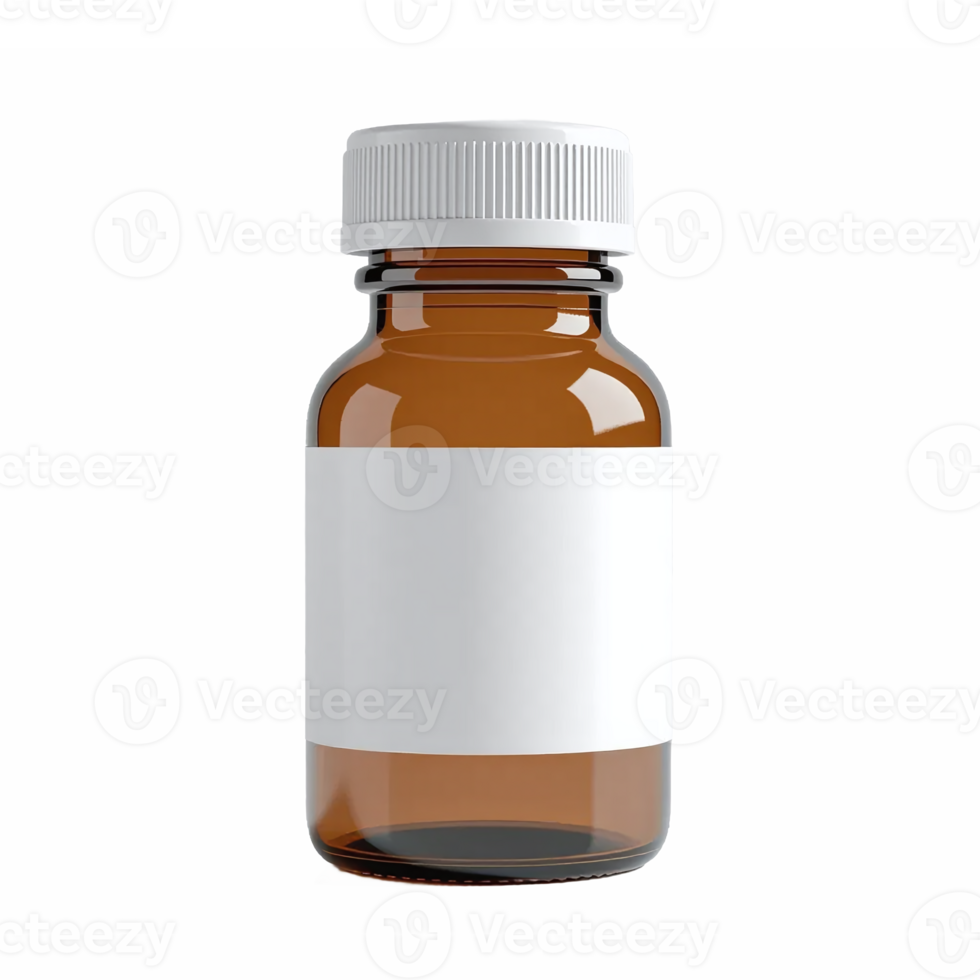of a Brown Medicine Bottle with White Label and Cap Transparent Background png