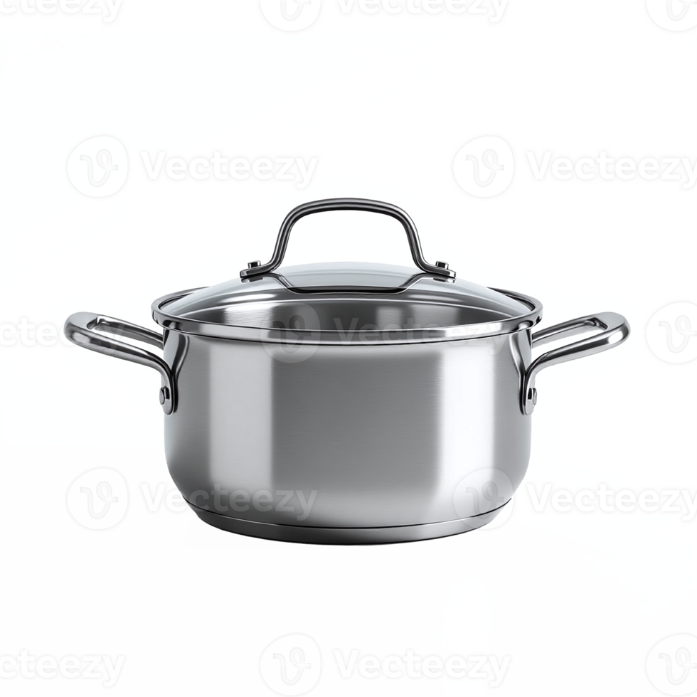 Stainless Steel Cooking Pot with Lid and Handles on Transparent Background png