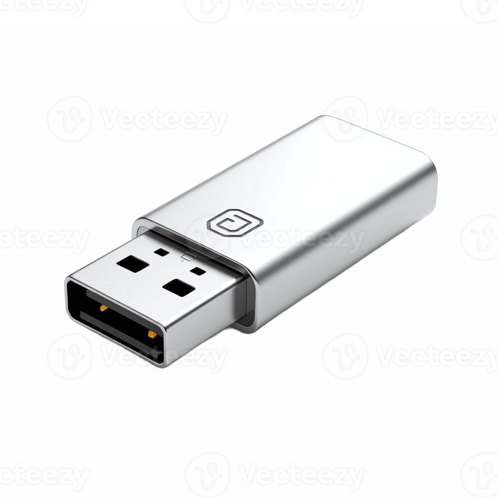Silver USB flash drive with transparent background showing front view and magnetic connector png