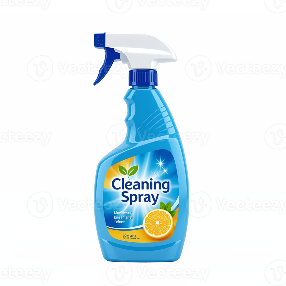 Blue Cleaning Spray Bottle with Lemon and Green Leaf Design Transparent Background png