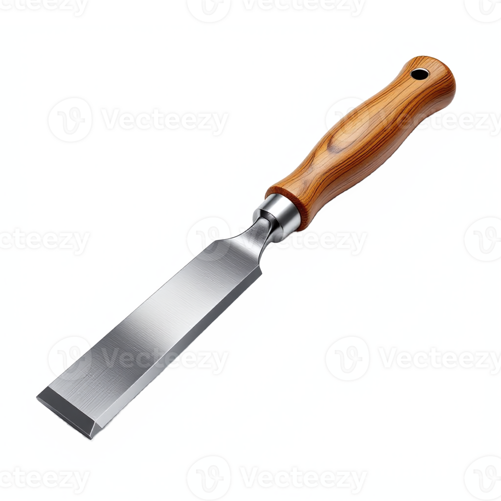 Wooden Handle Flat Chisel with Sharp Metal Blade and No Background for Crafting or Woodworking png