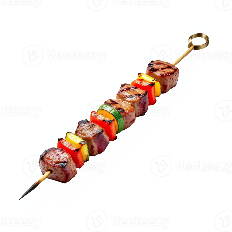 Grilled Beef Skewers with Bell Peppers Onion and Tomato on Wooden Skewer with Transparent Background png
