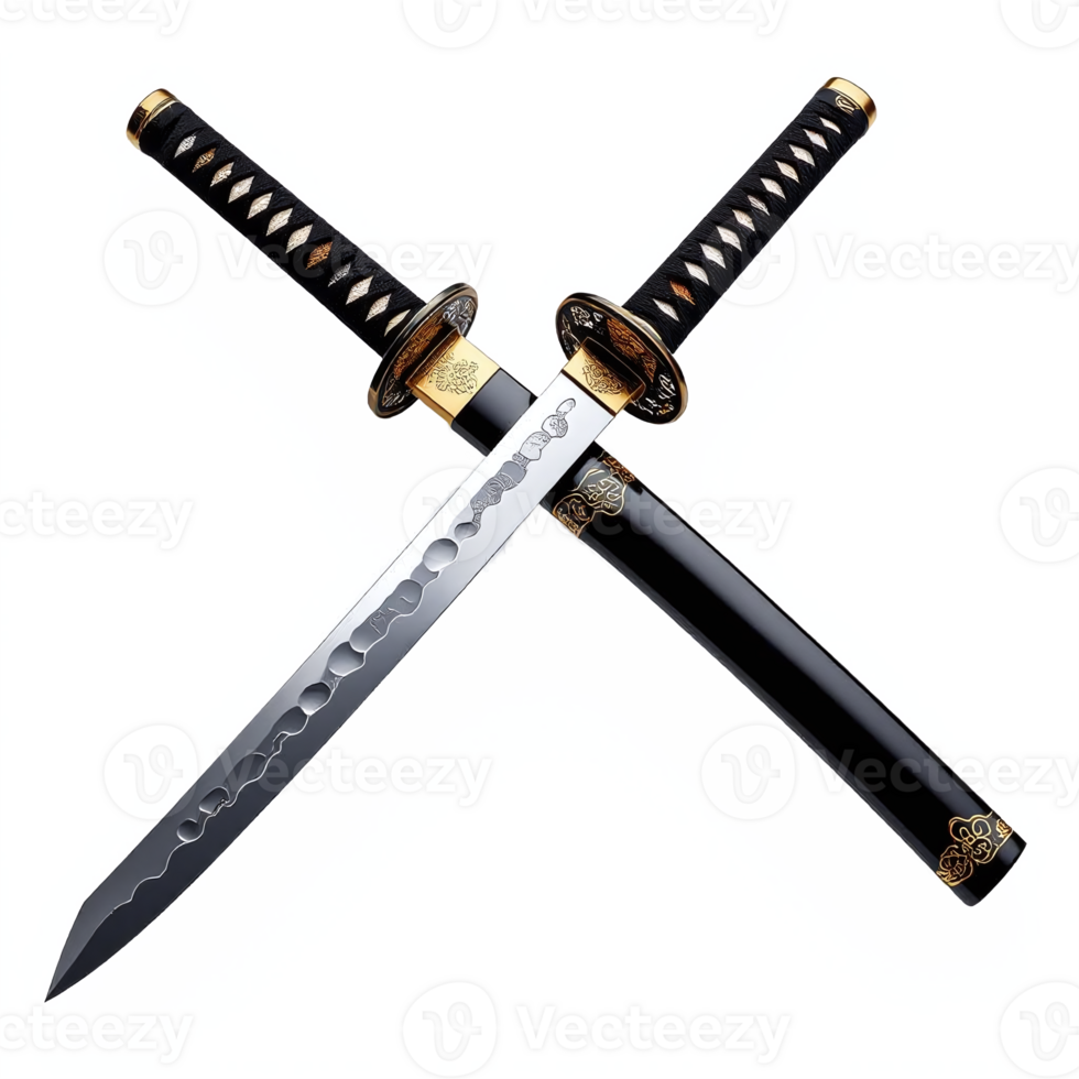 Elegant Japanese Katana Sword with Black Handle and Silver Blade Transparent Background png
