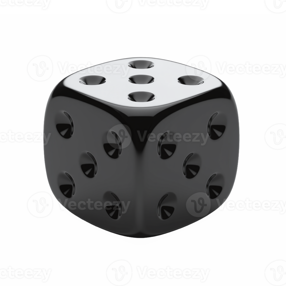 Black glossy 3D dice with rounded edges and 6 visible faces on transparent background png