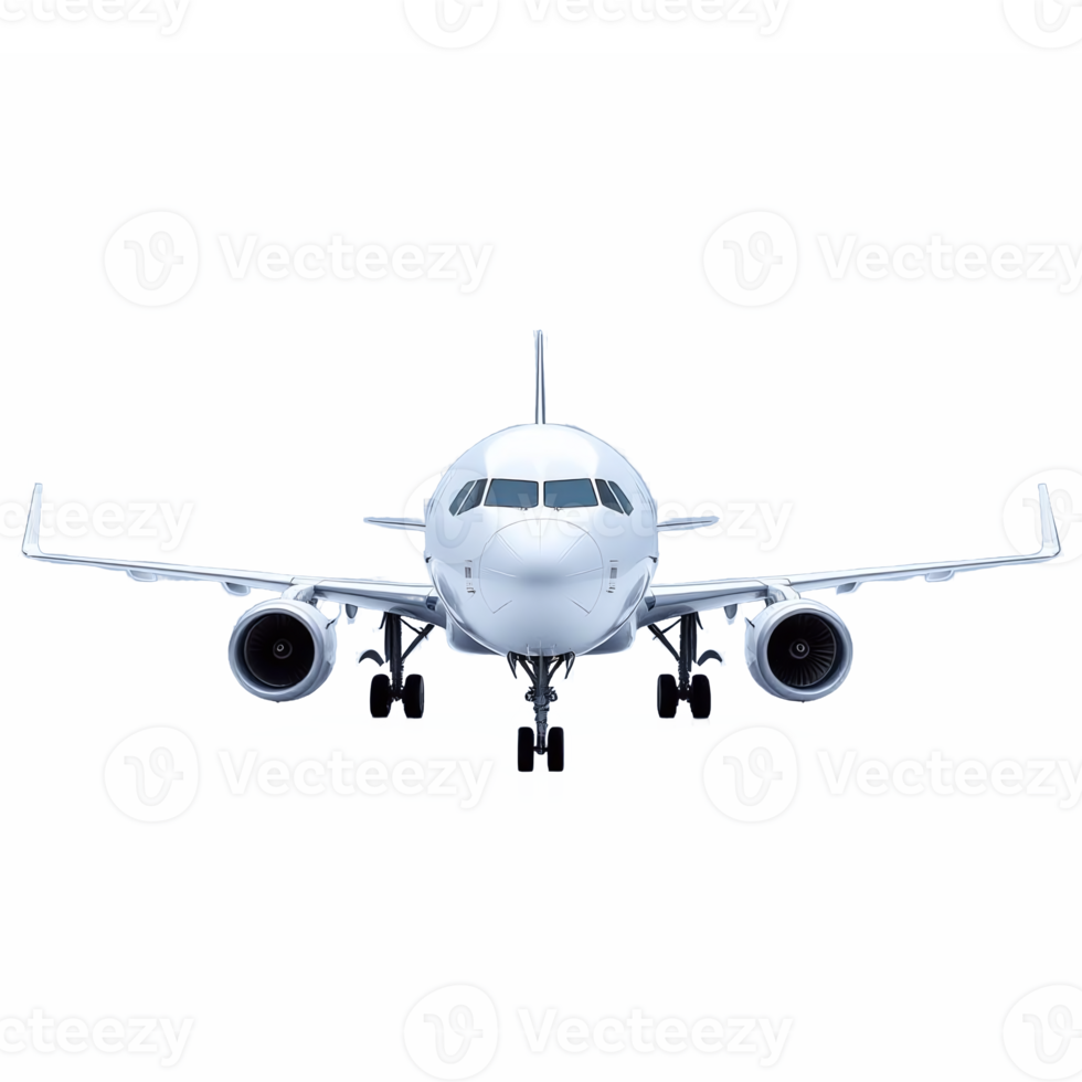 Front view of modern commercial airplane with transparent background png