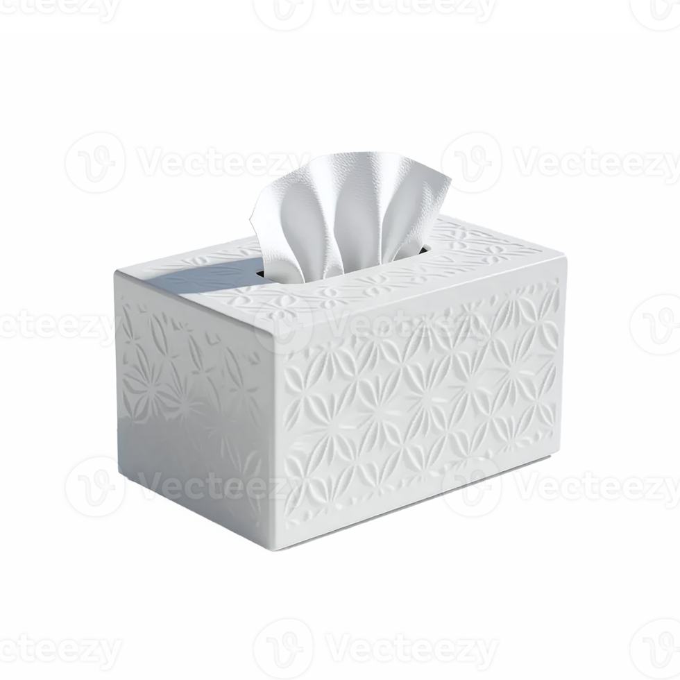 White tissue box with embossed pattern and a tissue partially pulled out on a transparent background png