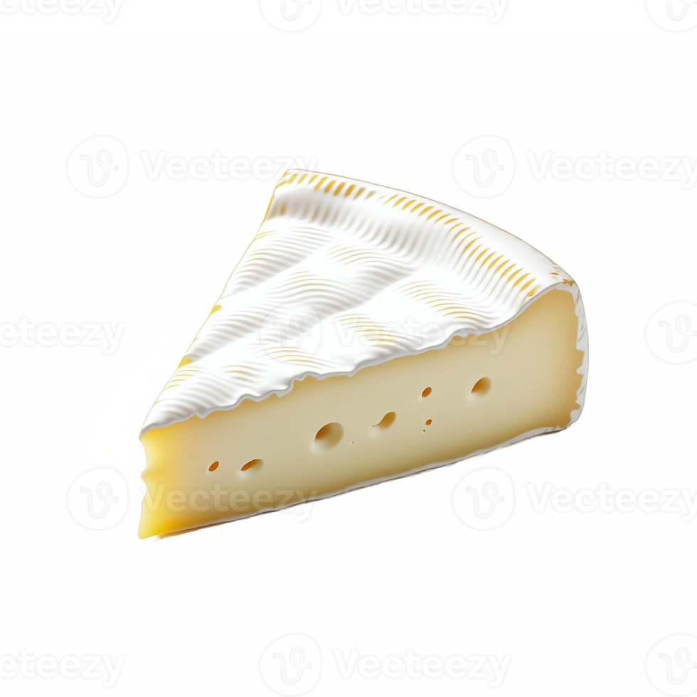 Illustration of a Slice of Cheese with White Rind and Holes on Transparent Background png