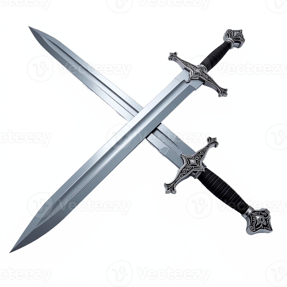 Two ornate medieval swords crossed with detailed hilts and blades on transparent background png