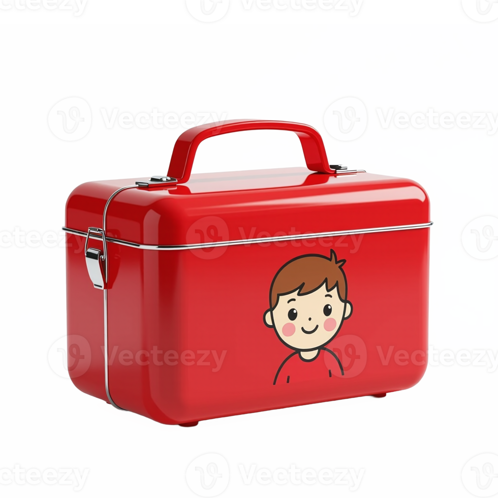 Red Childrens Lunch Box with Cartoon Boy Illustration and Transparent Background png