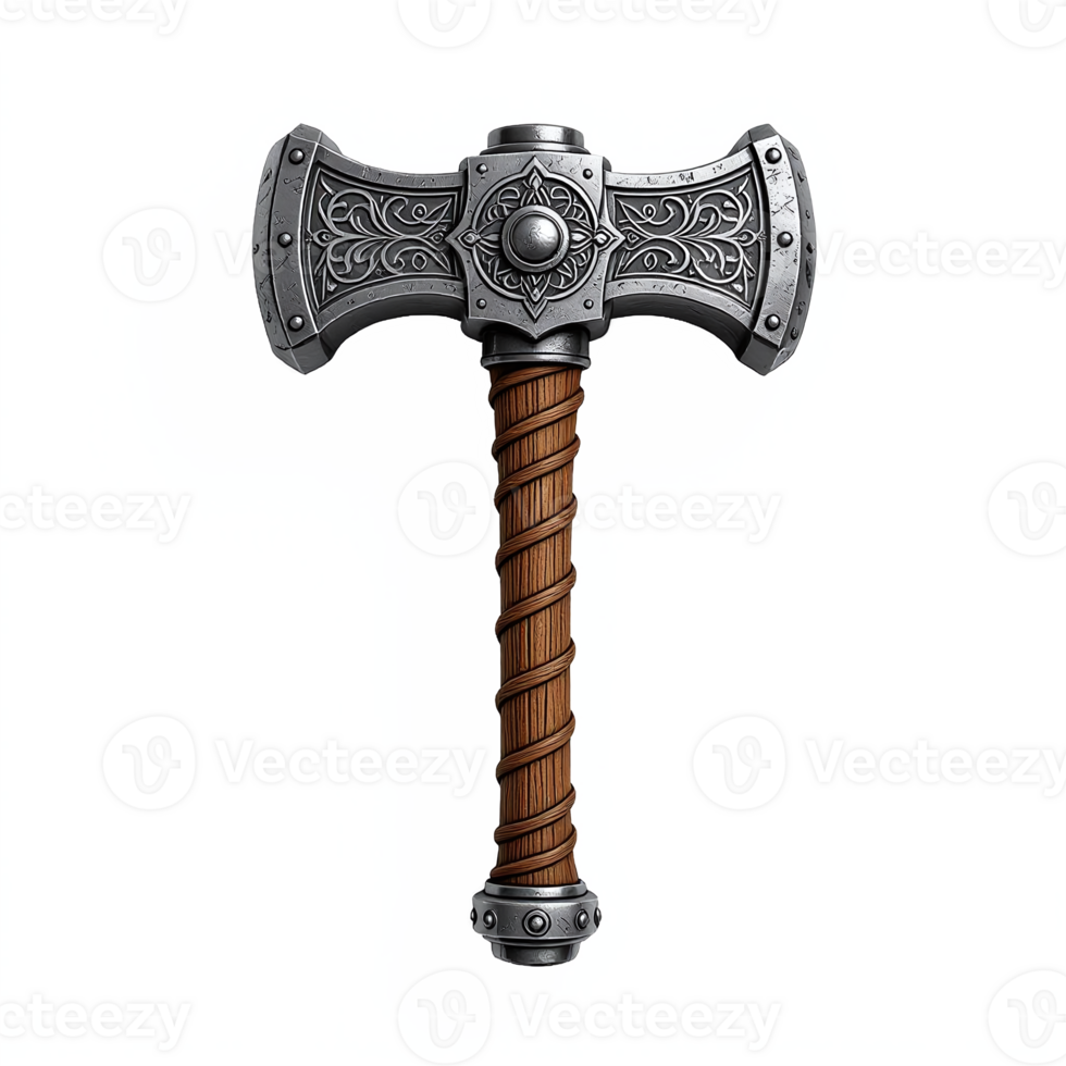 Decorative medieval battle axe with intricate engravings and wooden handle transparent background png