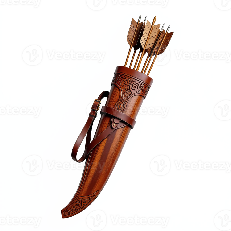 Archery Quiver Filled with Wooden Arrows with Feathers and Steel Tips No Background png