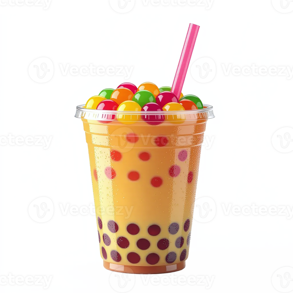 Colorful Bubble Tea Drink with Tapioca Pearls and Fruit Toppings on Transparent Background png