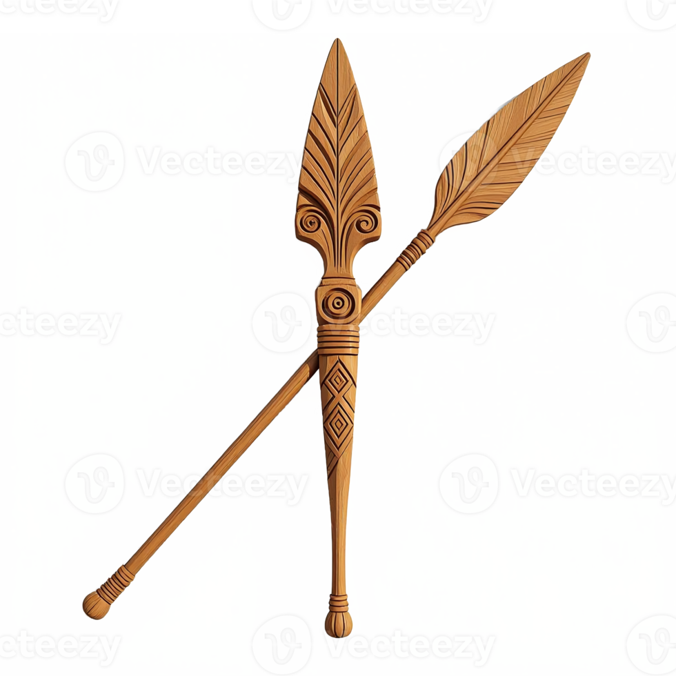 Traditional wooden spear with carved tribal design and feathers on a transparent background png
