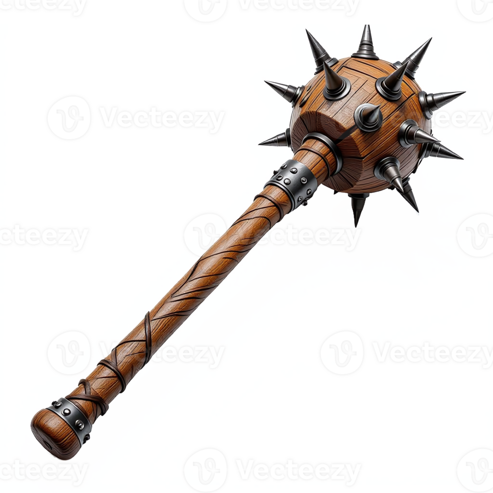 Detailed wooden mace with sharp metal spikes and ergonomic handle on transparent background png