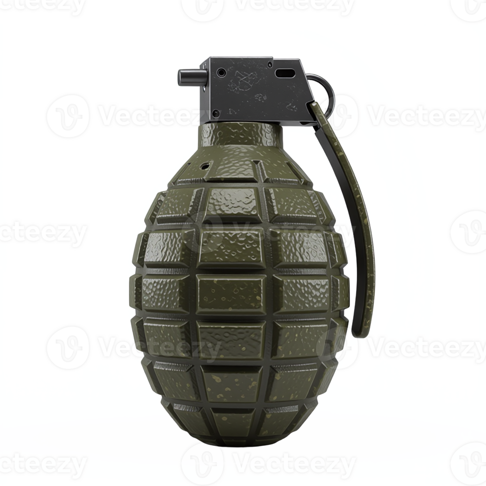 Detailed close-up of a military hand grenade with textured surface and safety pin on transparent background png
