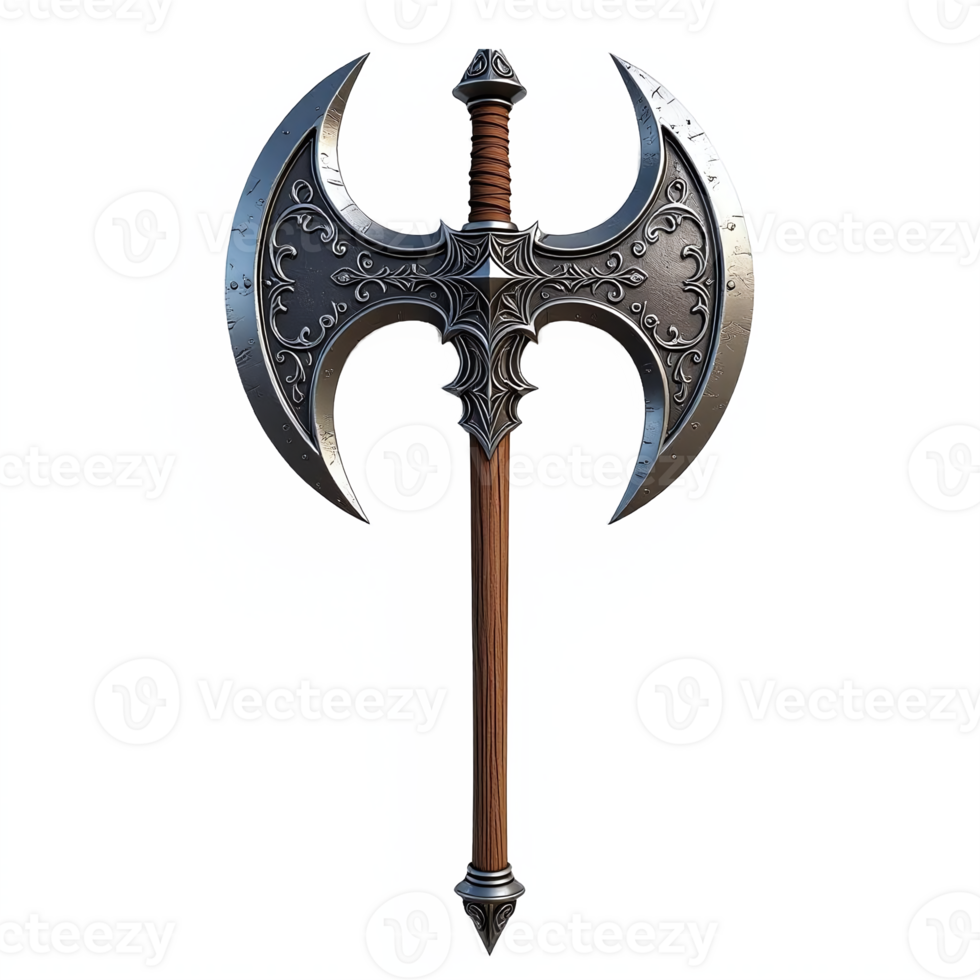 Detailed ornate double-sided battle axe with carved steel blades and wooden handle in high resolution transparent background png