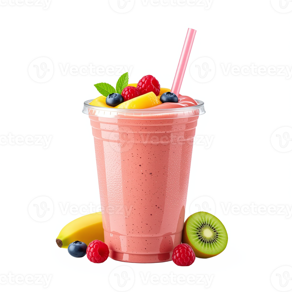 Vibrant Fruit Smoothie in Transparent Cup with Fresh Berries Banana Kiwi and Mint No Background png