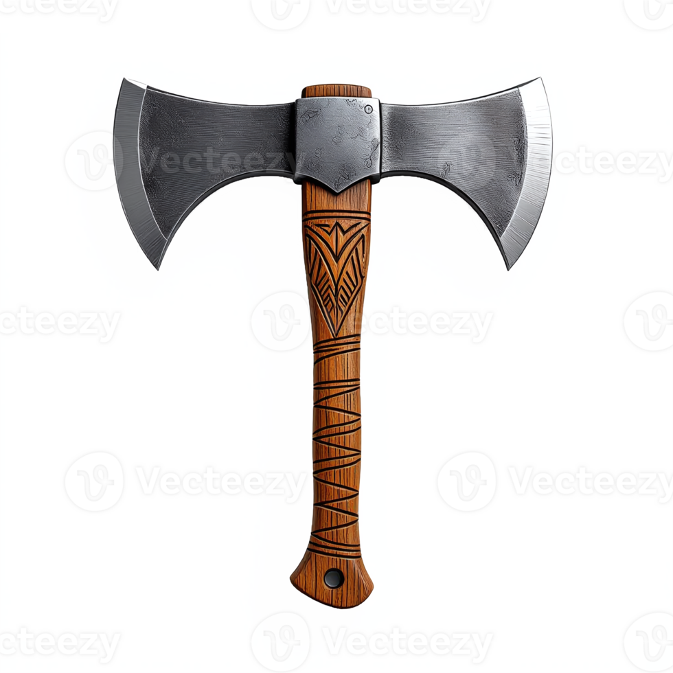 Double-Edged Battle Axe with Wooden Handle and Clipping Path for Combat or Viking Theme png