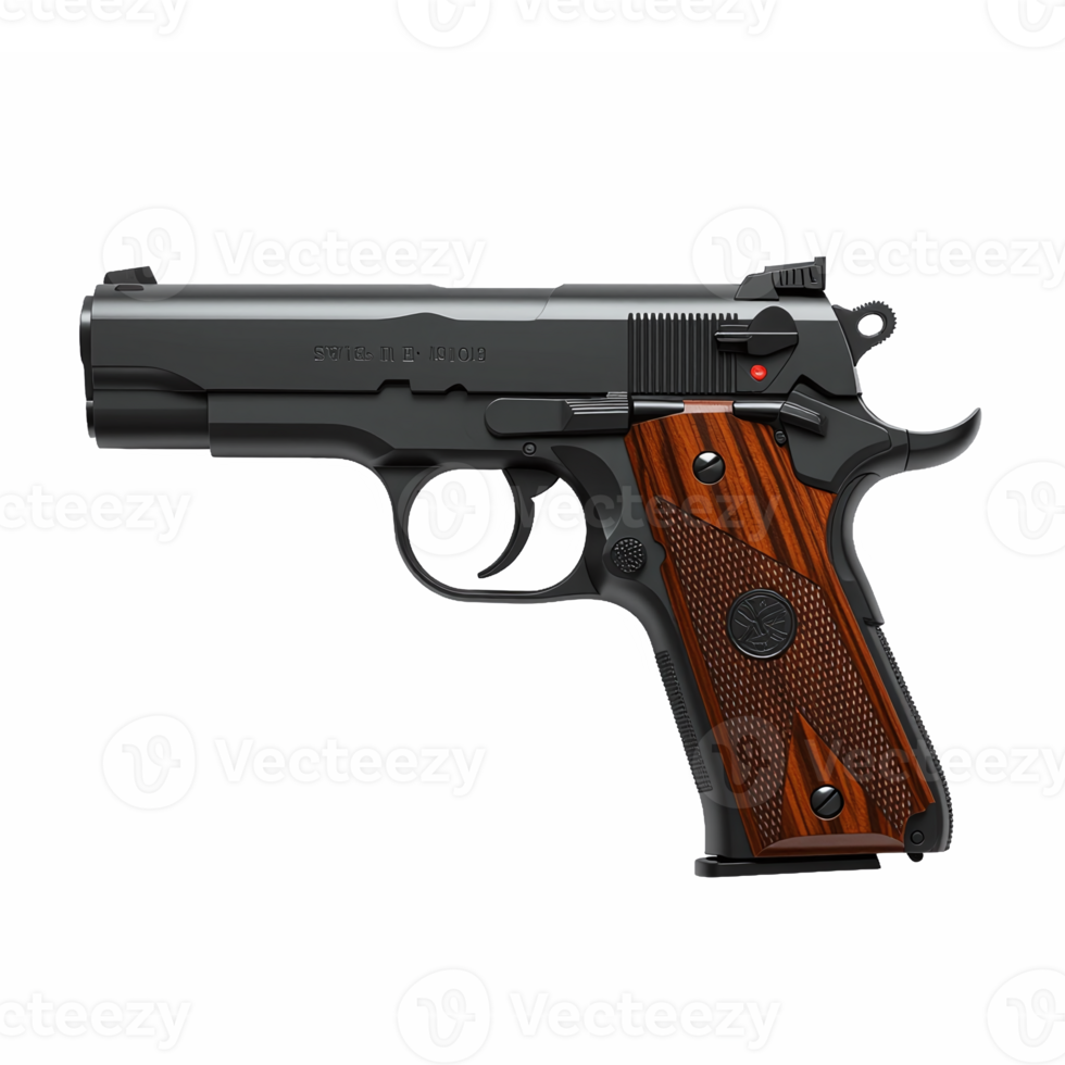 Detailed black semi-automatic pistol with wooden grip and clip-on safety clip on transparent background png