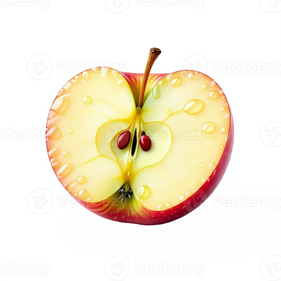 Cross-section of a fresh red apple with seeds and water droplets on transparent background png