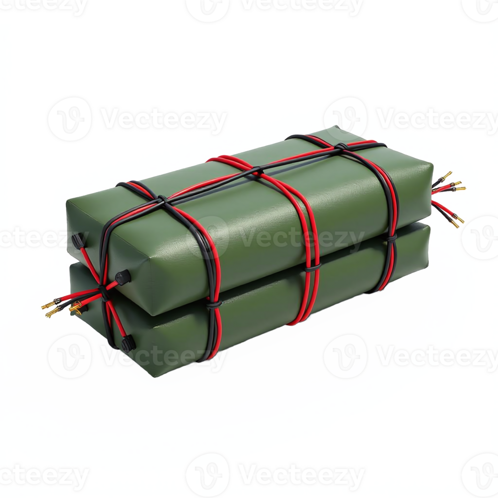 Pair of green lithium-ion battery packs with black and red wiring on transparent background no shadows png