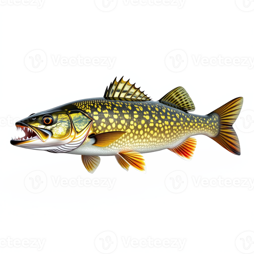 Detailed realistic fish with sharp teeth yellow green spots fins tail transparent background png
