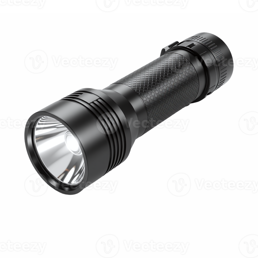 High-Detail Black Tactical Flashlight with Textured Grip and Clip on Transparent Background png
