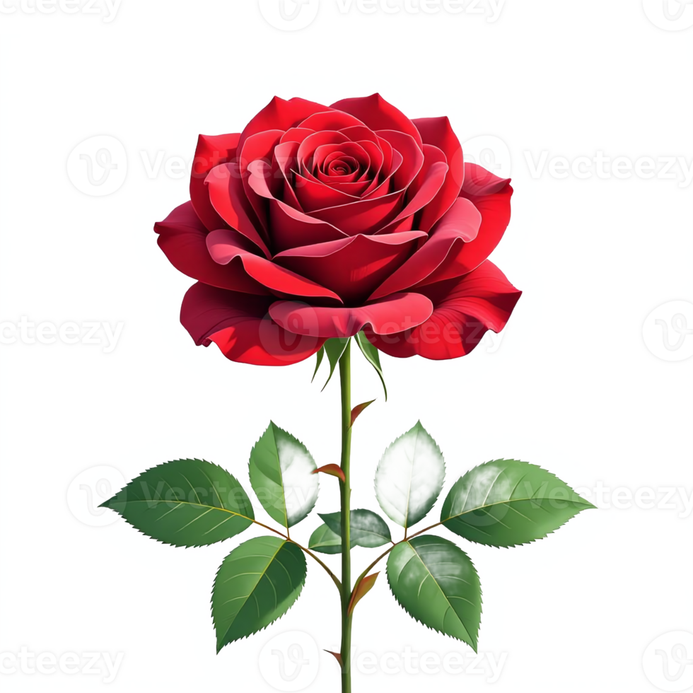 Beautiful Red Rose with Detailed Green Leaves on a Transparent Background Illustration png