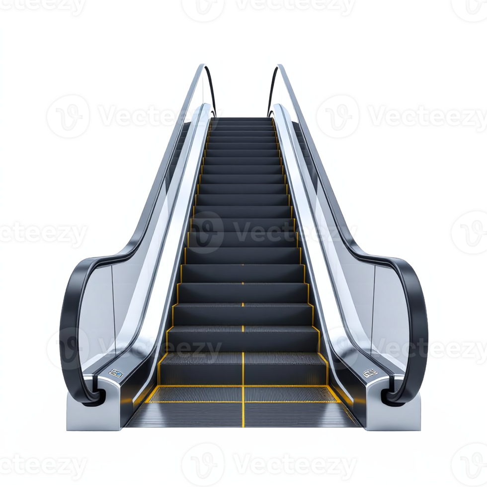 Modern Escalator with Transparent Handrails and Black Tread on no background png