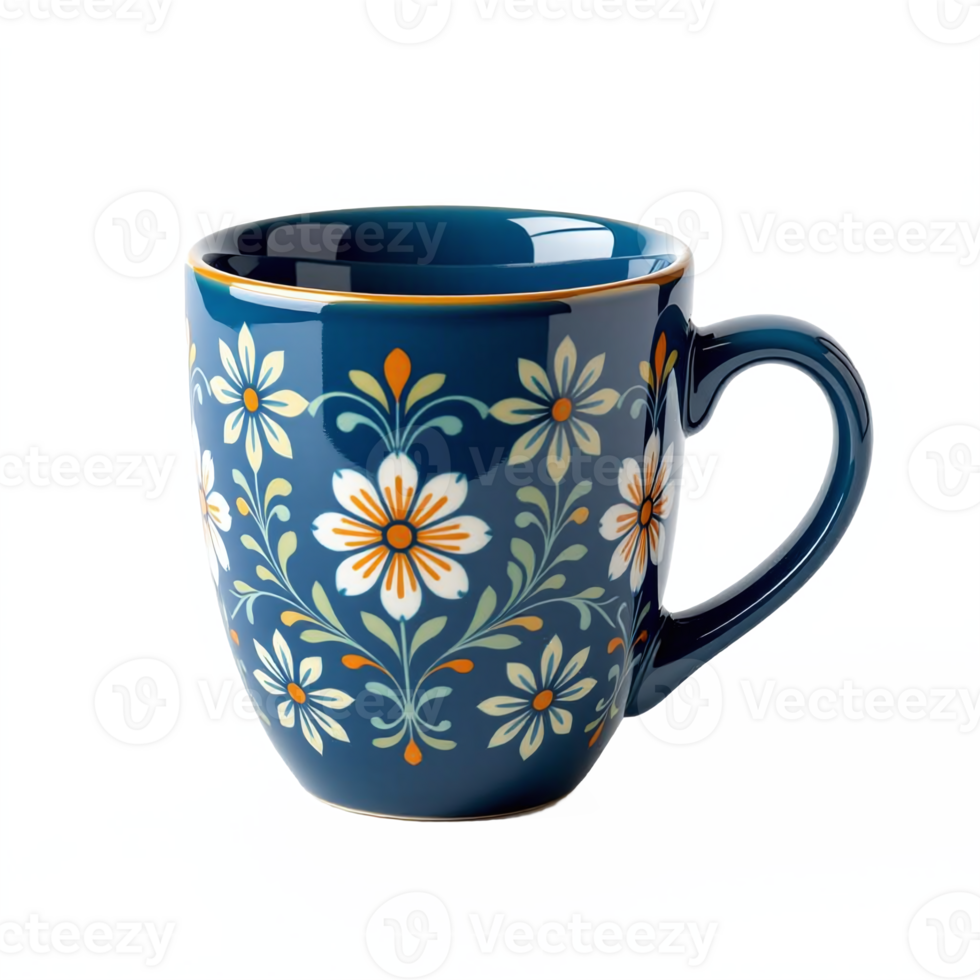 Elegant blue ceramic mug with intricate floral pattern on transparent background png