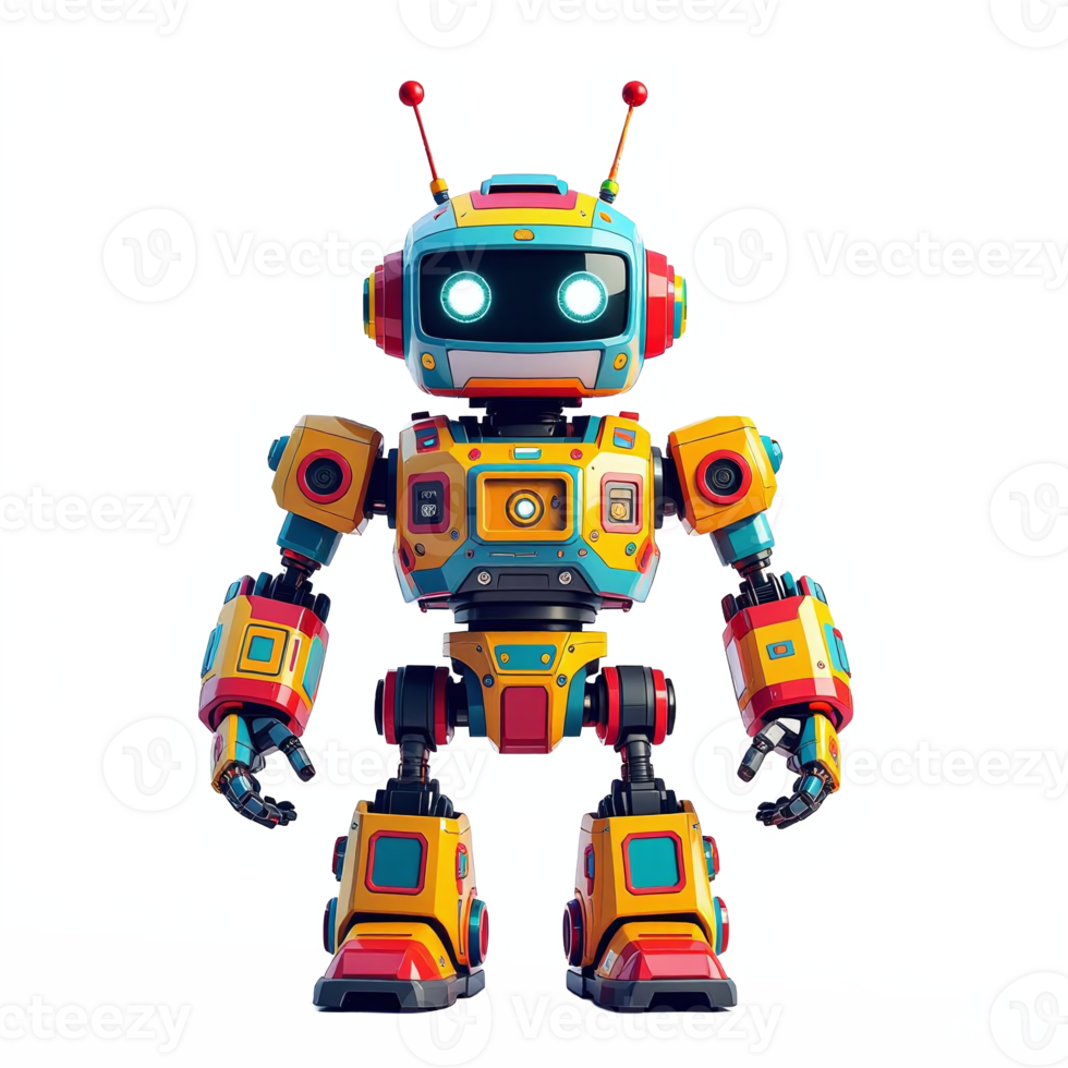 Colorful Friendly Robot Character with Antennas and Bright Design Fully Clipping Path png