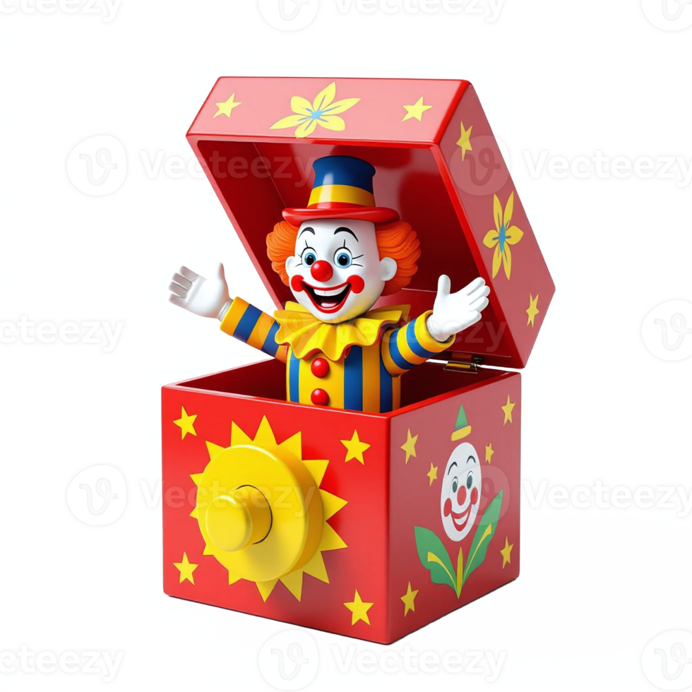 Colorful clown puppet inside a red gift box with yellow star and flower decorations transparent background png