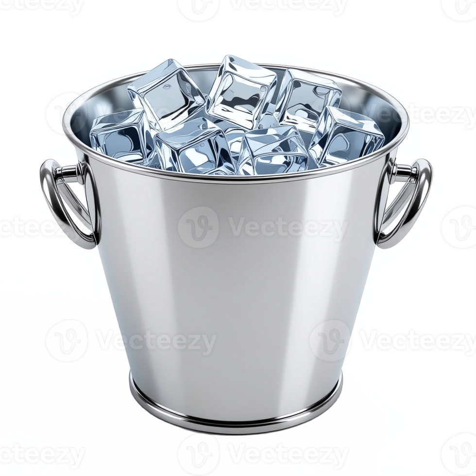 Metal ice bucket filled with ice cubes on transparent background png