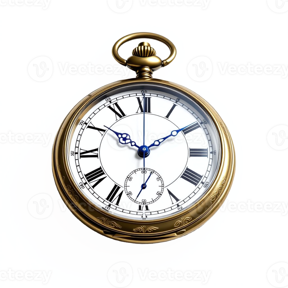 Elegant Gold Pocket Watch with Roman Numerals and Chain Showing Time Clipping Path png