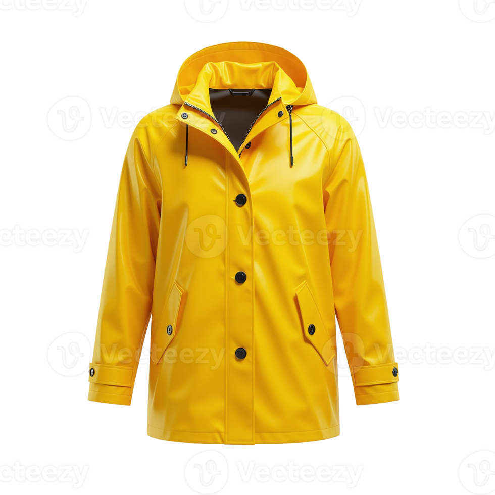 Bright Yellow Hooded Raincoat with Pockets and Button Closure Full Body No Background png