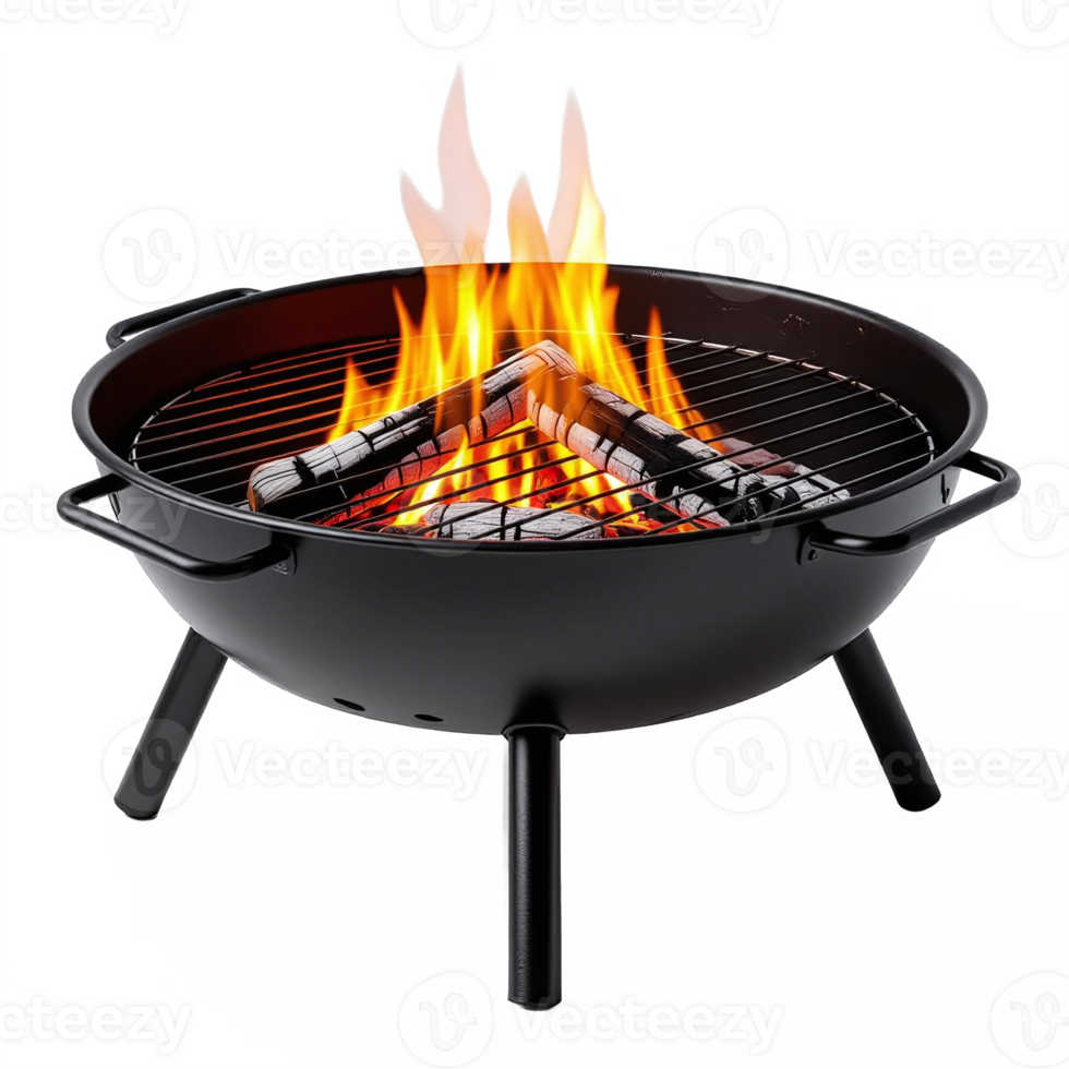 Portable Charcoal Grill with Flames and Wood Logs on Clipping Path No Background png