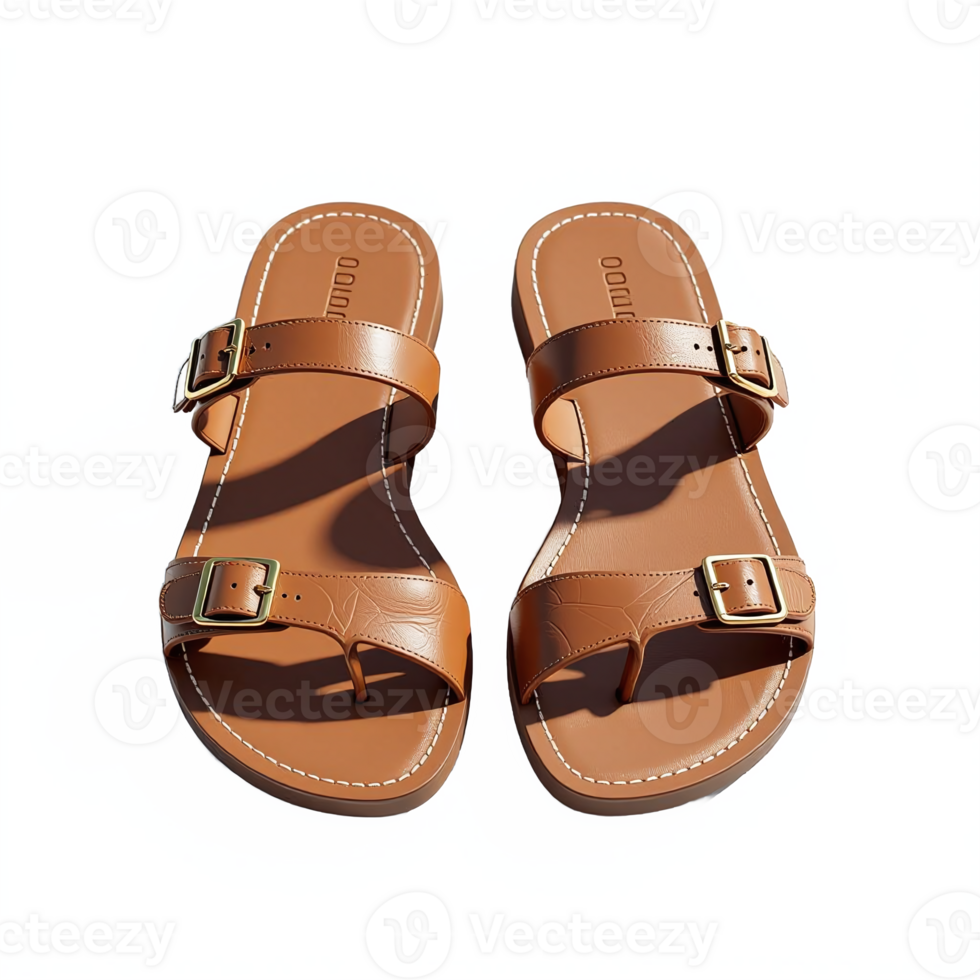 Tan Leather Sandals with Buckles on Transparent Background for Casual Footwear Display png