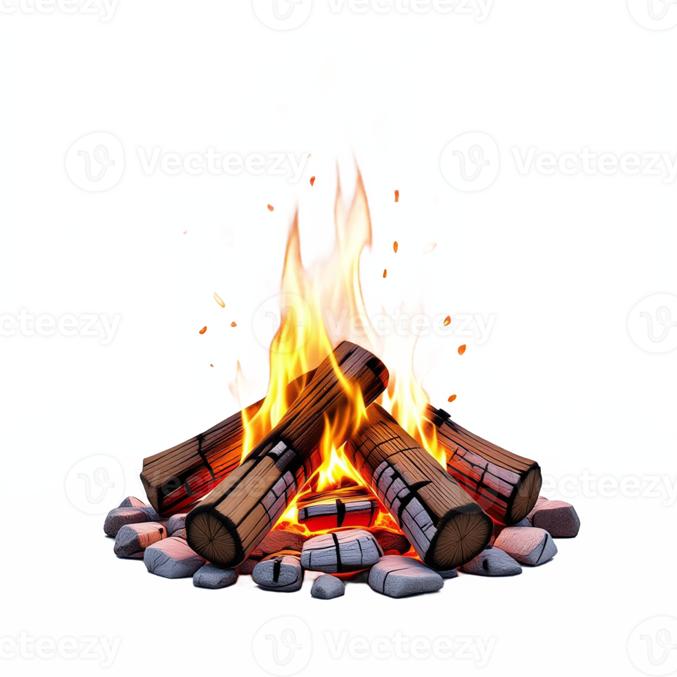 image of a campfire with glowing flames and logs on a bed of rocks with transparent background png