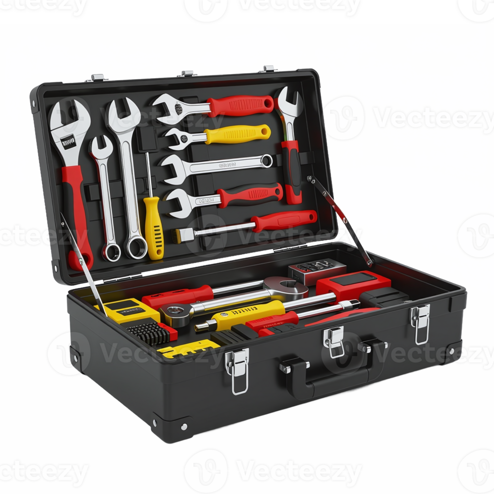 Open toolbox with various hand tools including wrenches screwdrivers and measuring instruments on transparent background png