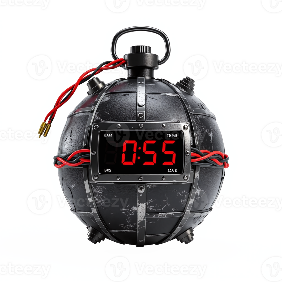 Explosive Black Bomb with Digital Timer and Red and Black Wired Cables on Transparent Background png