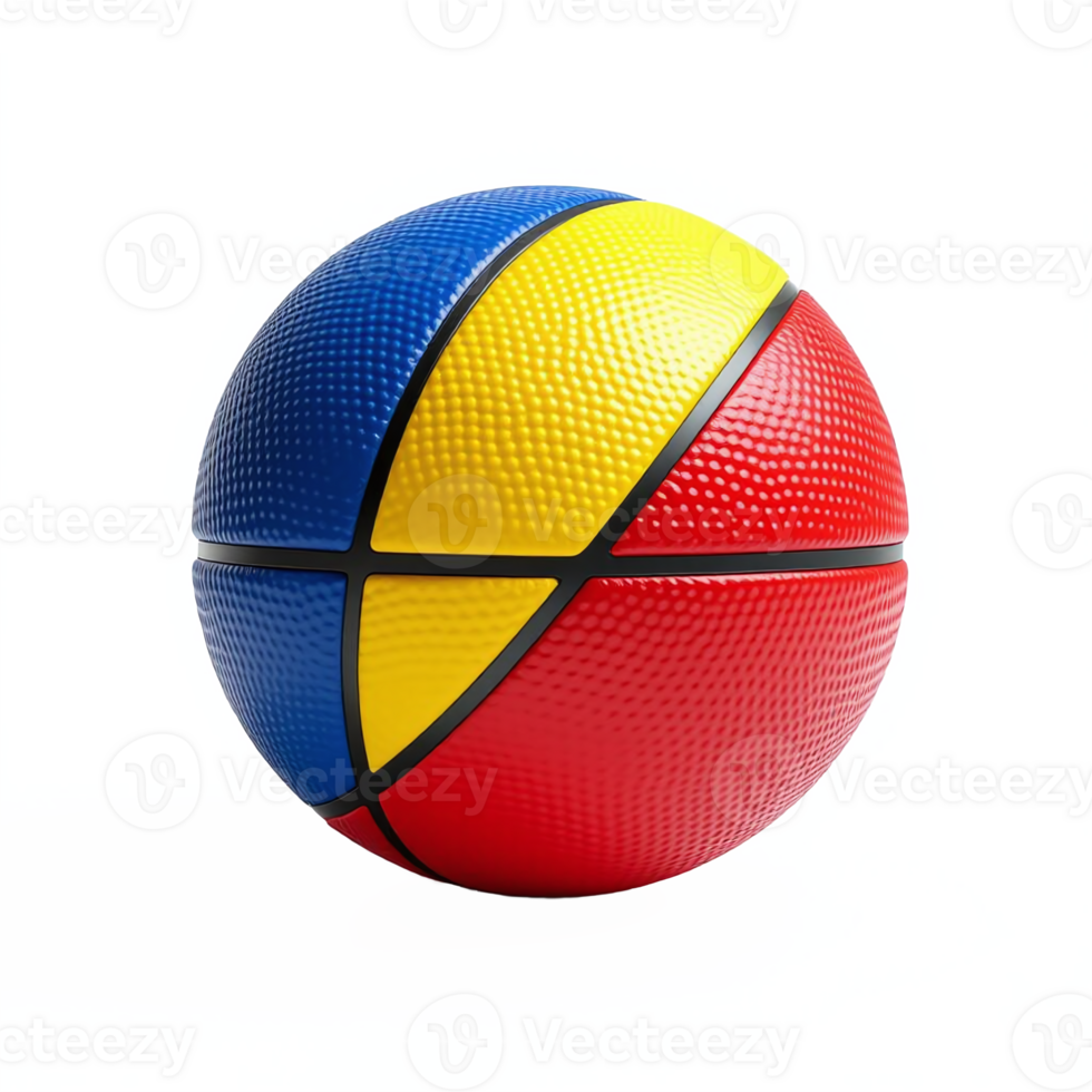 Colorful textured basketball divided into blue yellow and red sections with transparent background png